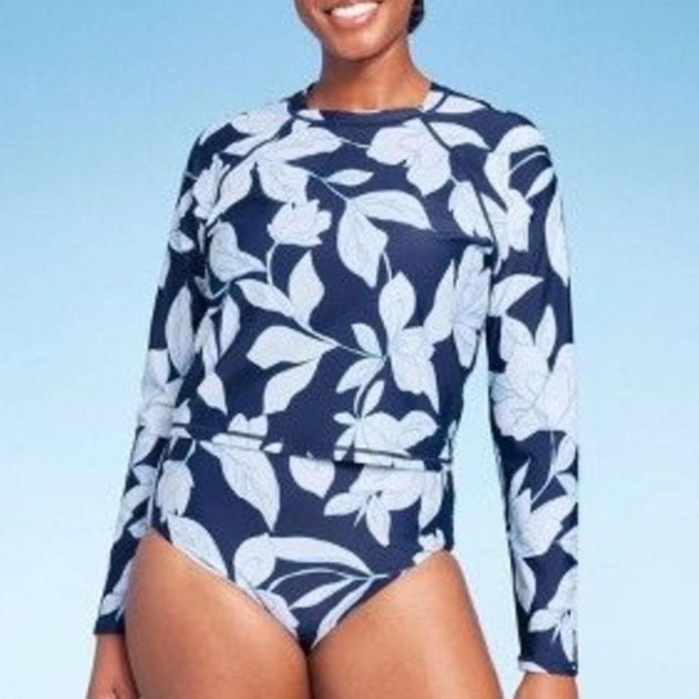 Kona Sol Navy Blue Floral Swim Top Rash Guard Women’s XL (16) New NWT